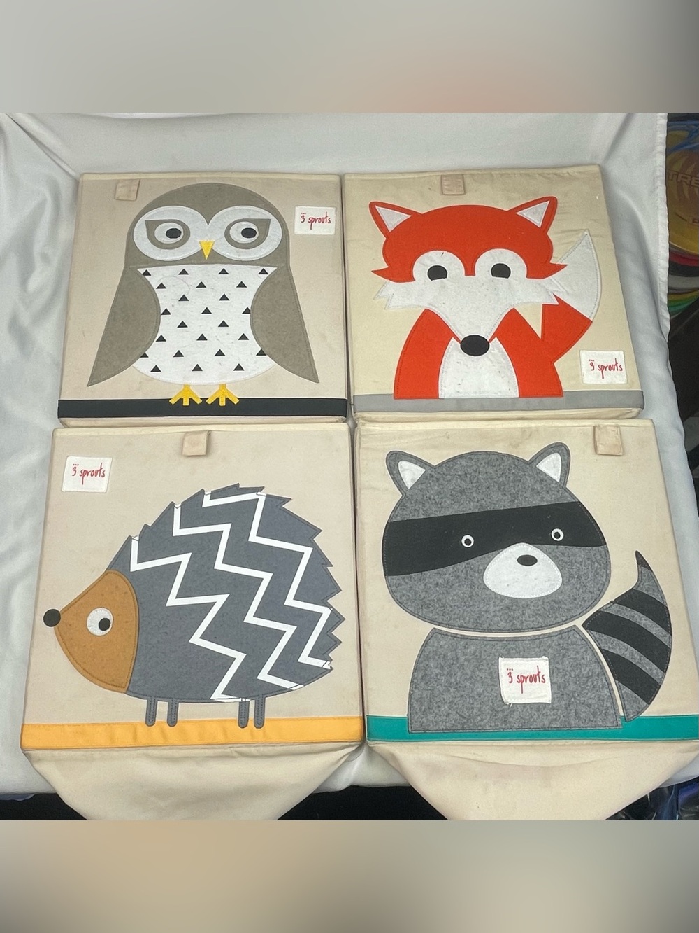 Storage Bins Kids Raccoon Fox Hedgehog Owl "3 Sprouts" 13"X13" Large Set of 4